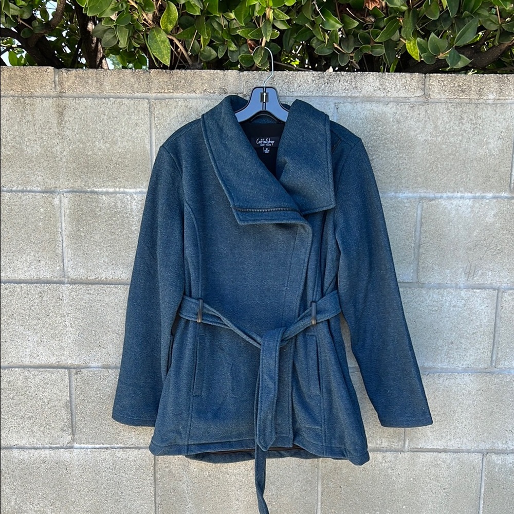 Coffee Shop Women's Long Trench Pea Coat Heathered Teal Blue Belted Zip Up NWT